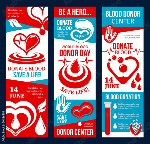 Blood donor center banner with red heart and drop