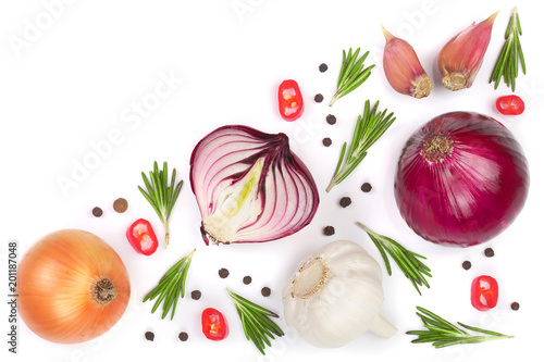 Fototapeta Naklejka Na Ścianę i Meble -  red onions, garlic with rosemary and peppercorns isolated on a white background with copy space for your text. Top view