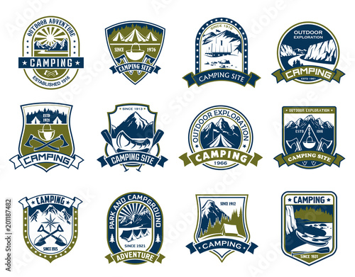 Camping and outdoor adventure shield badge design