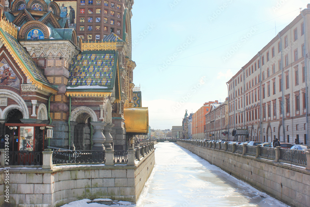 Church of the Savior on Blood and Griboedov Canal View on Winter Day. Cathedral of Resurrection of Christ is One of the Main Sights of Saint Petersburg, Russia. Russian Orthodox Church Outdoor Scene.