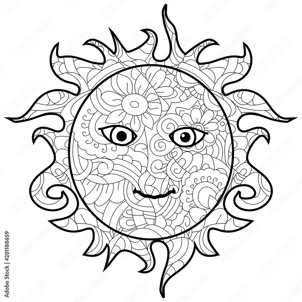 Adult antistress coloring sun pattern, astrakhan. Illustration of black lines doodle, white background