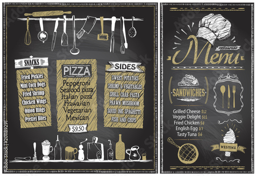Chalk menu boards with kitchenware, hand drawn graphic illustration