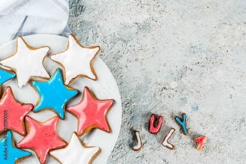 American USA Independence Day background concept, star cookies blue, red, white, July 4,light grey background copy space
