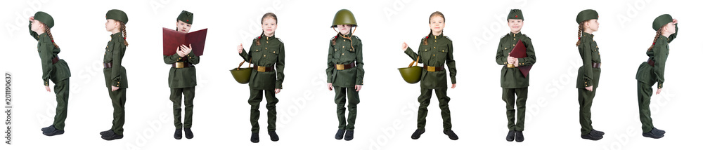 Girl in uniform posing on white background, 9 full-length portraits in a row Girl in uniform posing on white background, 9 full-length portraits in a row
