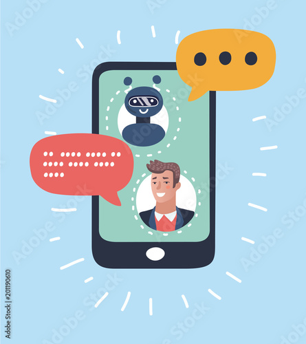 Chat bot responds to customers questions. Smiling Robot holds speech bubbles and show hi on screen. Customer service robot. 