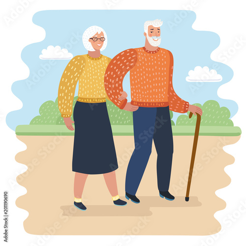 Grandpa with walking stick and senior woman on walkers in city park vector illustration. Old couple spend time together.