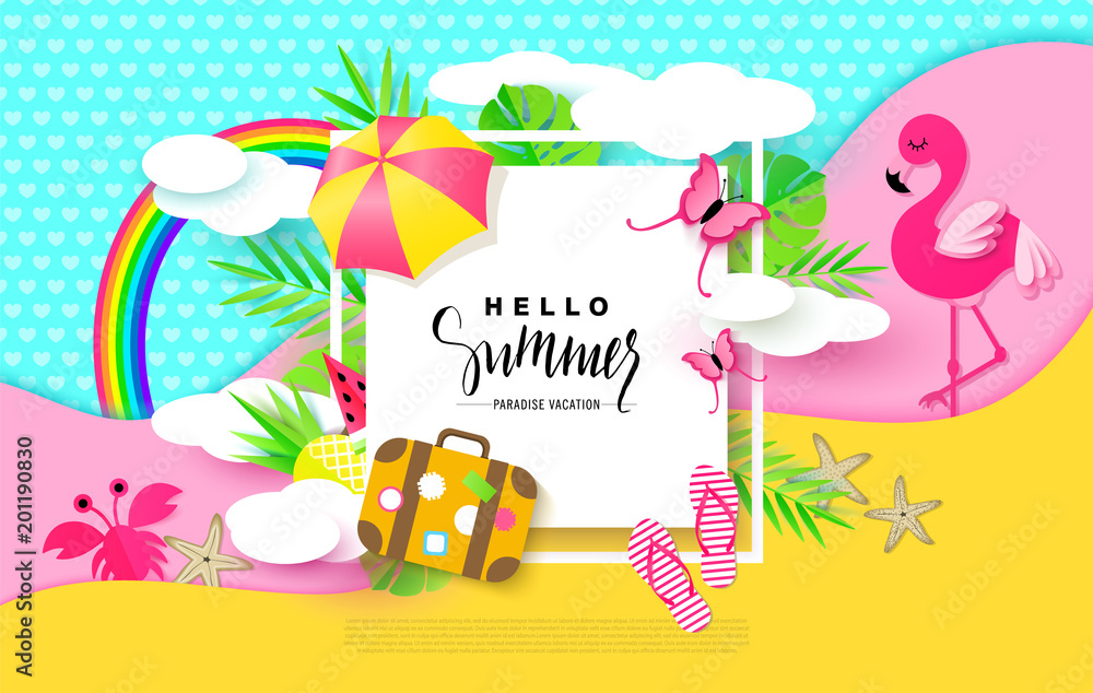 Hello Summer banner with Sweet Vacation Elements. Paper Art. Tropical plants, butterflies,pink flamingo, pineapple, crab, rainbow,flip flops, umbrella, suitcase,watermelon,starfish, clouds. Vector Hello Summer banner with Sweet Vacation Elements. Paper Art. Tropical plants, butterflies,pink flamingo, pineapple, crab, rainbow,flip flops, umbrella, suitcase,watermelon,starfish, clouds. Vector