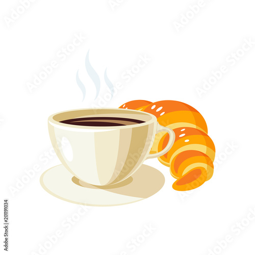 Breakfast, delicious start to the day. Cup with hot coffee and fresh croissant. Vector illustration cartoon flat icon isolated on white.