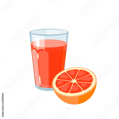 Breakfast, delicious start to the day. Glass of fresh juice and grapefruit. Vector illustration cartoon flat icon isolated on white.