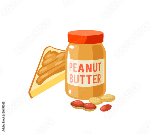Breakfast, delicious start to the day. Peanut butter jar and toast. Vector illustration cartoon flat icon isolated on white.