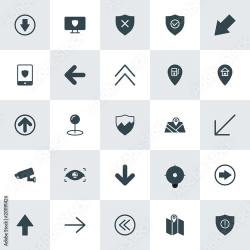 Modern Simple Set of location, arrows, security Vector fill Icons. ..Contains such Icons as  right,  insurance,  house,  circular, left, up and more on white background. Fully Editable. Pixel Perfect.