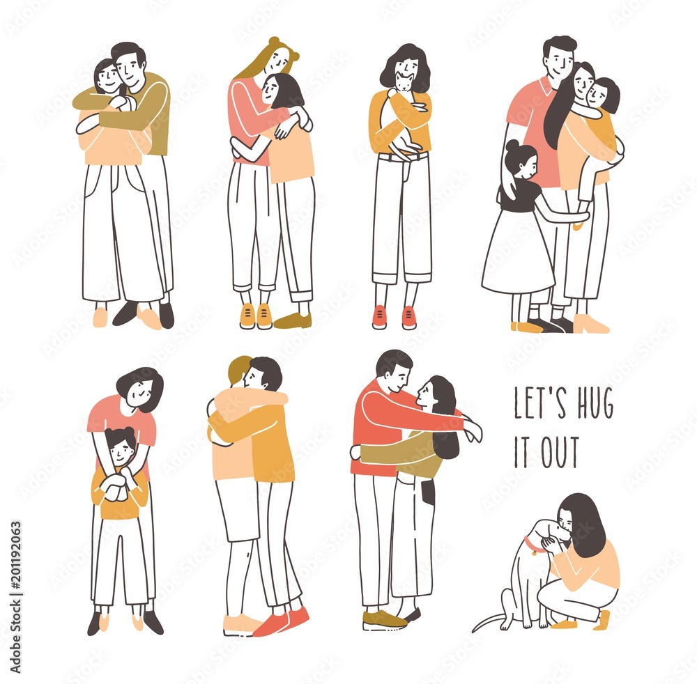 Collection of pairs of hugging or cuddling people romantic partners