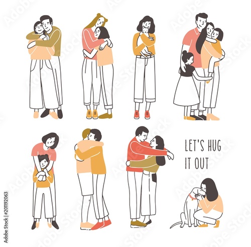 Collection of pairs of hugging or cuddling people - romantic partners, friends, pets and owners, parents and kids. Set of cute cartoon characters isolated on white background. Vector illustration.