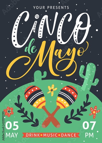 Cinco De Mayo poster design with hand written text.