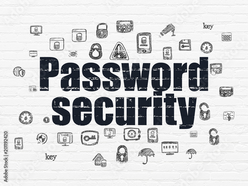 Safety concept  Painted black text Password Security on White Brick wall background with  Hand Drawn Security Icons