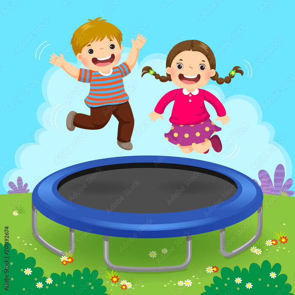 nummer utålmodig indenlandske Happy kids jumping on trampoline in the backyard Stock Vector | Adobe Stock
