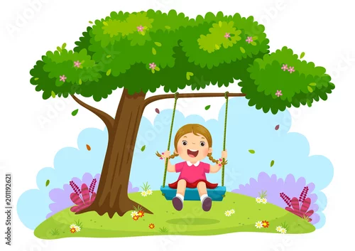 Obraz Szczęśliwa dziecko dziewczyna śmia się i huśta się na huśtawce pod drzewem