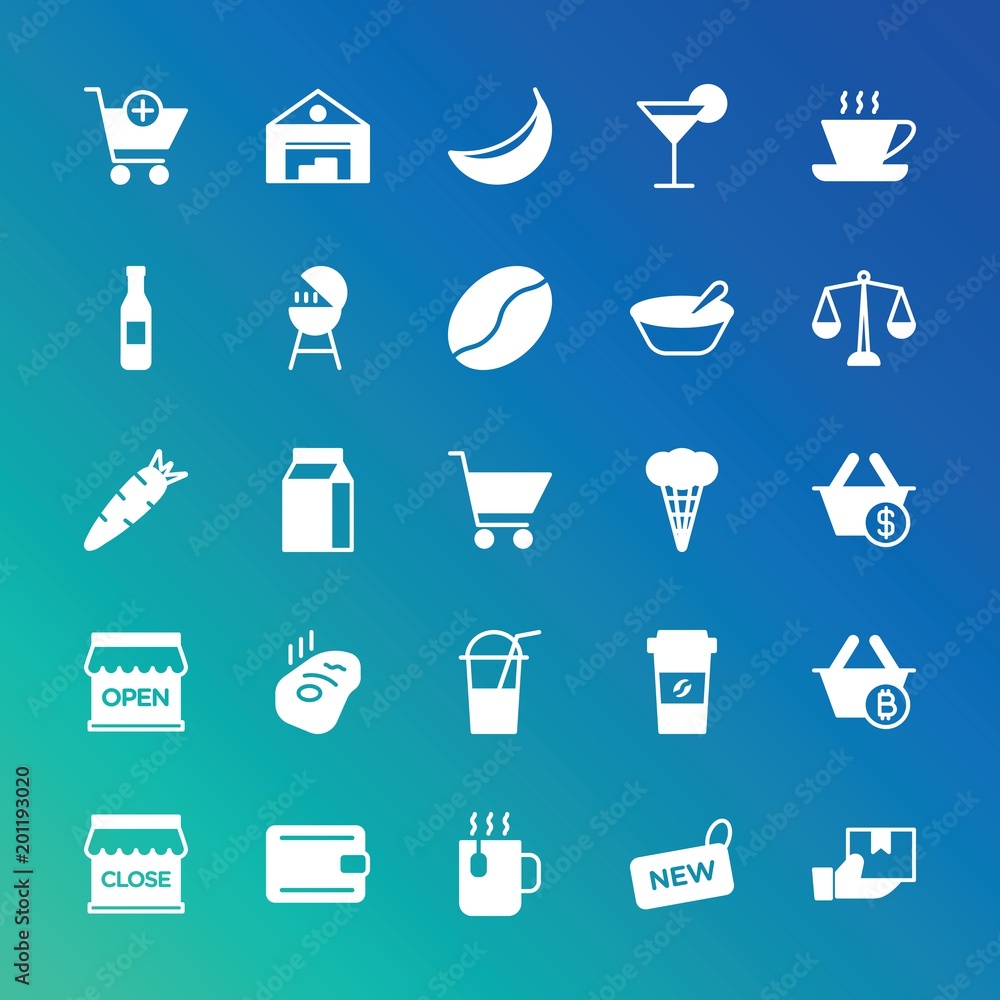 Modern Simple Set of food, drinks, shopping Vector fill Icons. ..Contains such Icons as banana, mug, closed, hot, buy, cup, cocktail and more on gradient background. Fully Editable. Pixel Perfect. Modern Simple Set of food, drinks, shopping Vector fill Icons. ..Contains such Icons as banana, mug, closed, hot, buy, cup, cocktail and more on gradient background. Fully Editable. Pixel Perfect.
