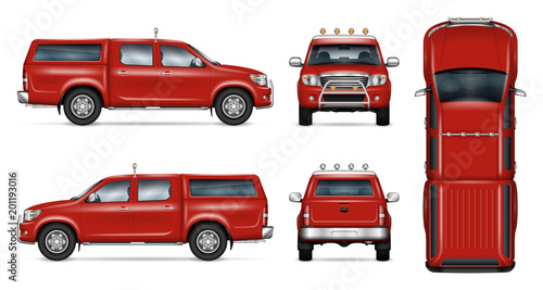 Pickup truck vector mock-up. Isolated template of red pick up on white. Vehicle branding mockup. Side, front, back, top view. All elements in the groups on separate layers, easy to edit and recolor.