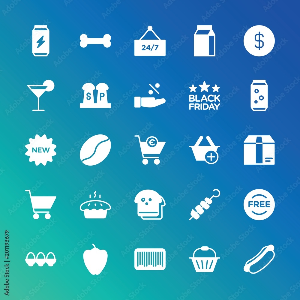 Modern Simple Set of food, drinks, shopping Vector fill Icons. ..Contains such Icons as service,  hot,  code,  paprika,  bulgarian,  buy and more on gradient background. Fully Editable. Pixel Perfect.