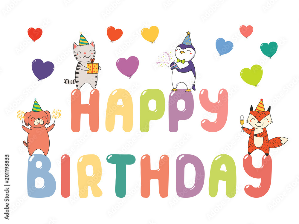 Hand drawn Happy Birthday greeting card, banner template with cute funny  cartoon animals standing on letters, text. Isolated objects on white  background. Vector illustration. Design concept for party. Stock Vector |  Adobe