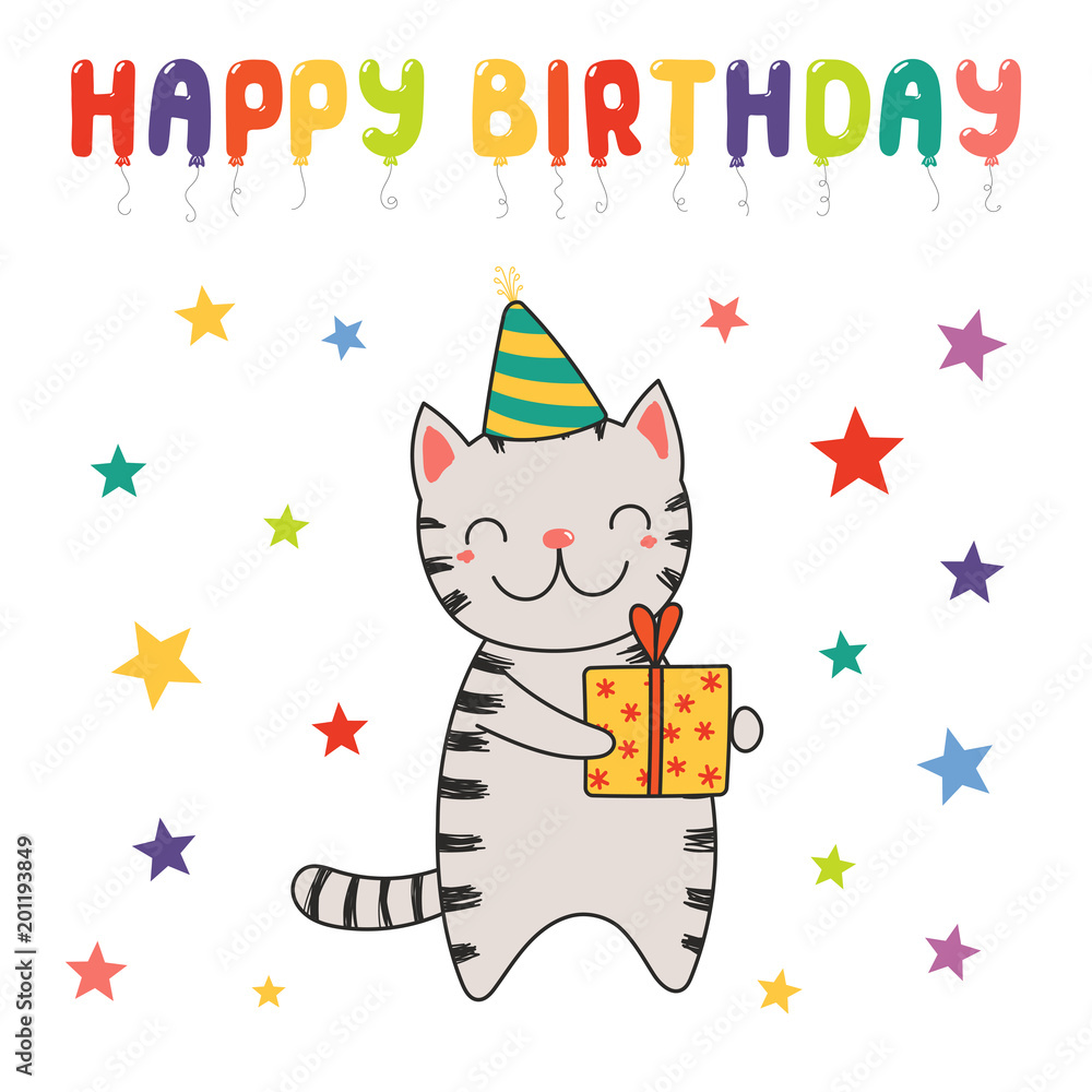 Hand drawn Happy Birthday greeting card with cute funny cartoon cat with a present, text. Isolated objects on white background. Vector illustration. Design concept for party, celebration. Stock Vector