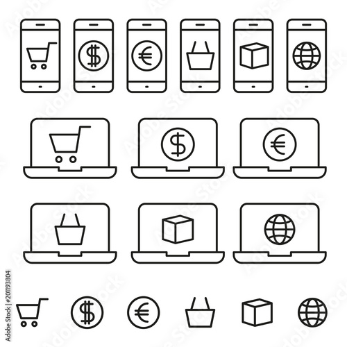 Shopping Online Icons with White Background. Web, e-comerce, shopping line icons set.