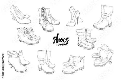 illustration of Set hand drawn graphic Men and women Footwear, shoes. Casual and sport style, gumshoes. Moccasins, sneakers, boots, pumps. Doodle, drawing Design isolated object.