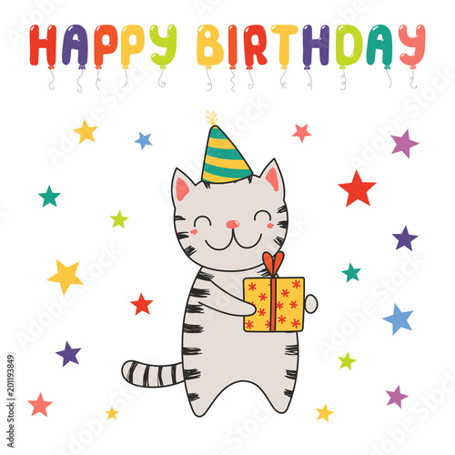 Hand drawn Happy Birthday greeting card with cute funny cartoon cat with a present, text. Isolated objects on white background. Vector illustration. Design concept for party, celebration.