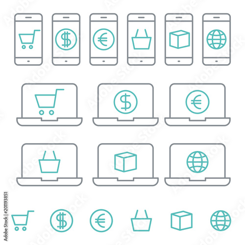 Shopping Online Icons with White Background. Web, e-comerce, shopping line icons set.