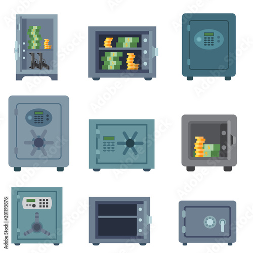 Money safe steel vault door finance business concept safety business box cash secure protection deposit vector illustration.