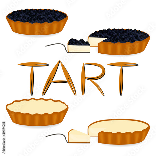 Vector icon illustration logo for whole berry pie tart, slice homemade bakery. Tart pattern consisting of different dessert confectionery, baked in oven Pie. Tasty pies tarts covered in berries creams