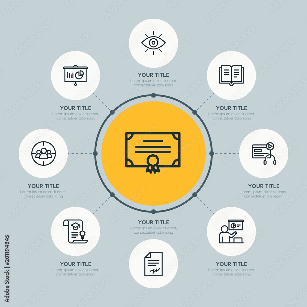 Circle network chart business, money, education infographic template with 8 options for presentations, advertising, annual reports. Circle network chart business, money, education infographic template with 8 options for presentations, advertising, annual reports.