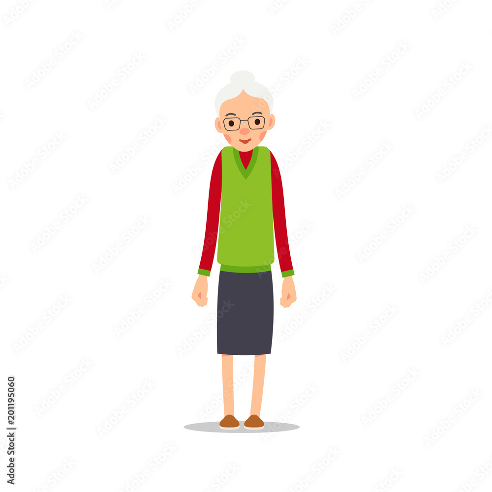 Old woman. Elderly woman stand and she put her hands down. Illustration isolated on white background in flat style. Full length portrait of old ladie, senior or grandmother Old woman. Elderly woman stand and she put her hands down. Illustration isolated on white background in flat style. Full length portrait of old ladie, senior or grandmother
