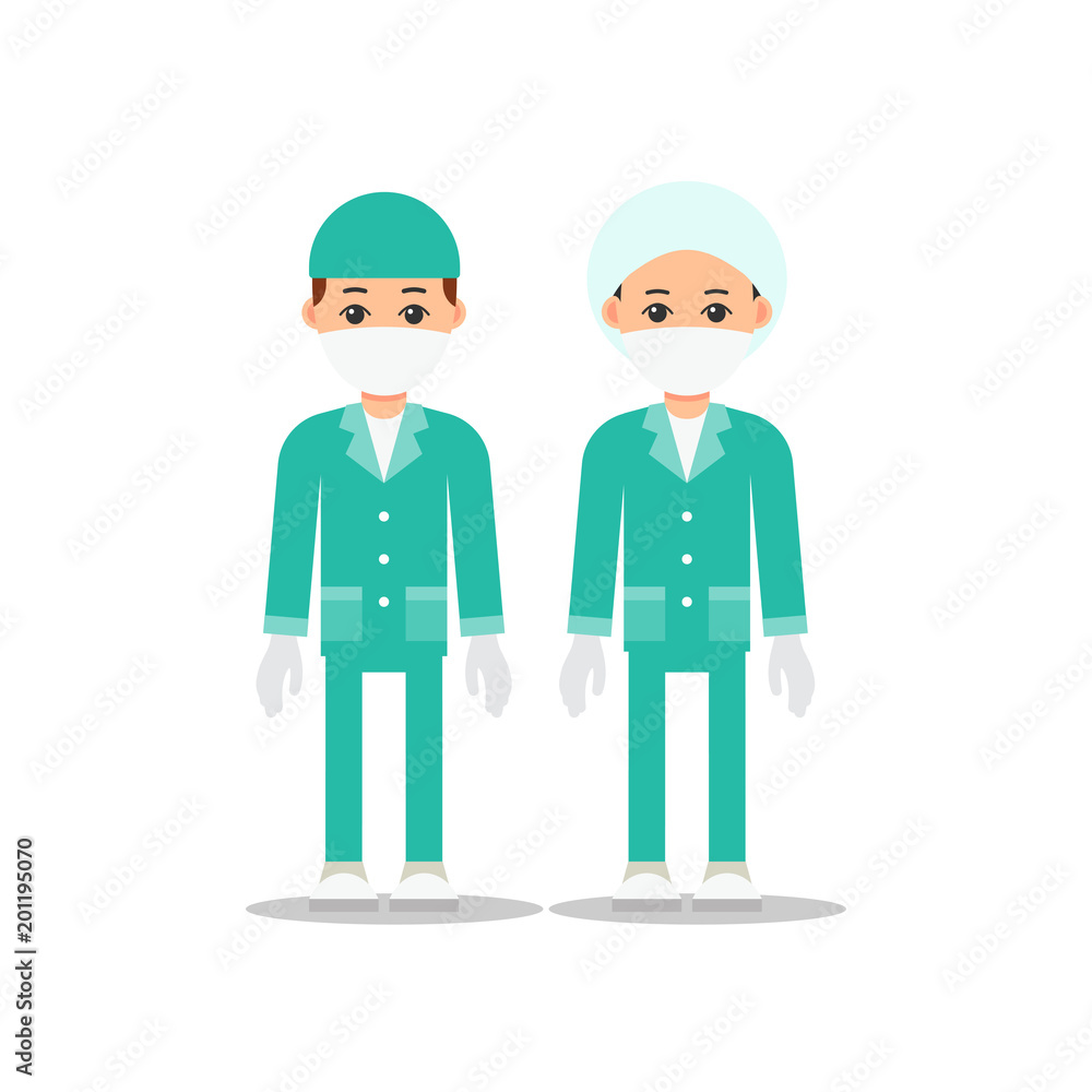 Doctors. Doctor man and woman in uniform for operating room. Cartoon illustration isolated on white background in flat style. Full length portrait of doctor, nurse or medical assistant