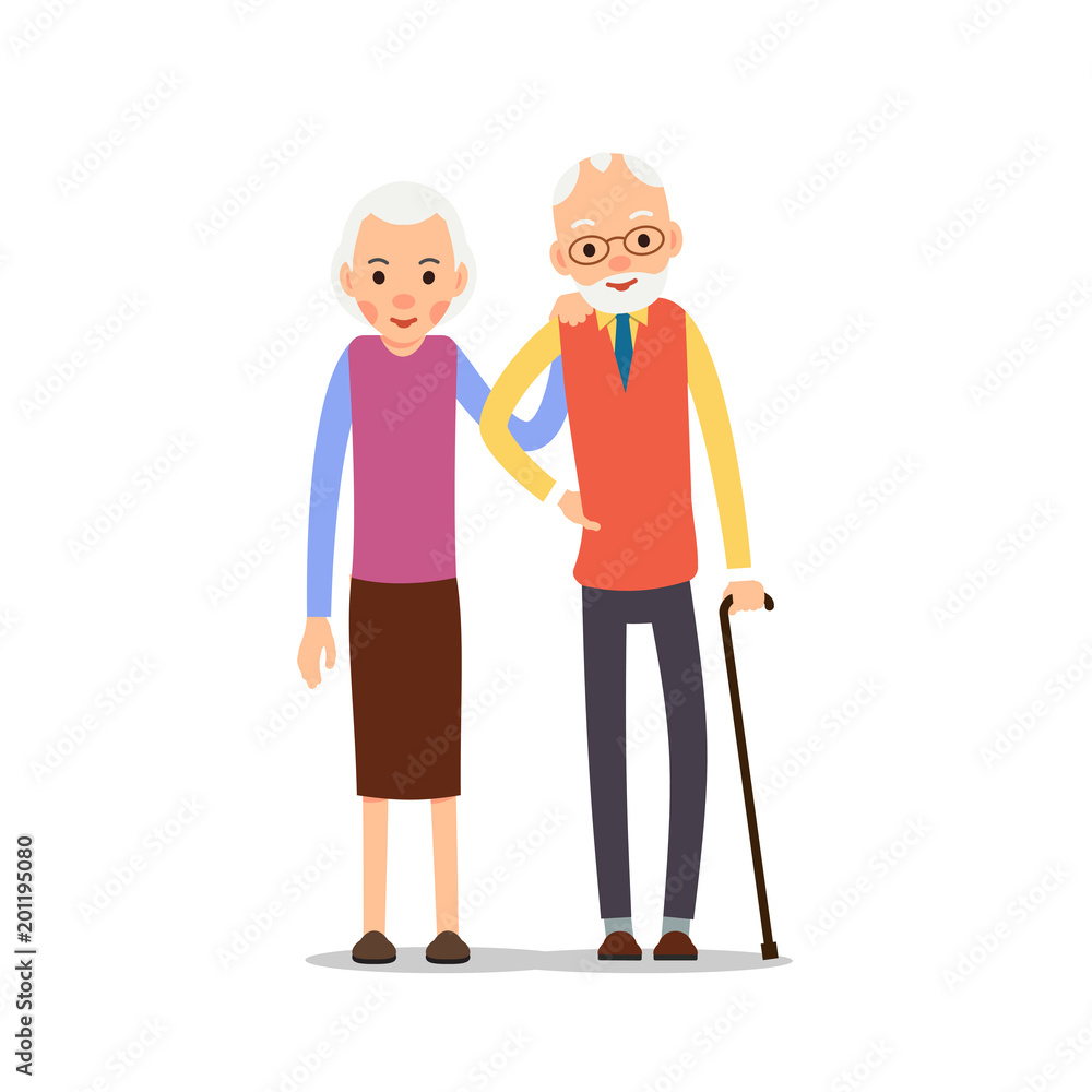 Senior couple. Two aged people stand. Elderly man with cane in his hand and woman stand together and hug each other. Illustration isolated on white background in flat style