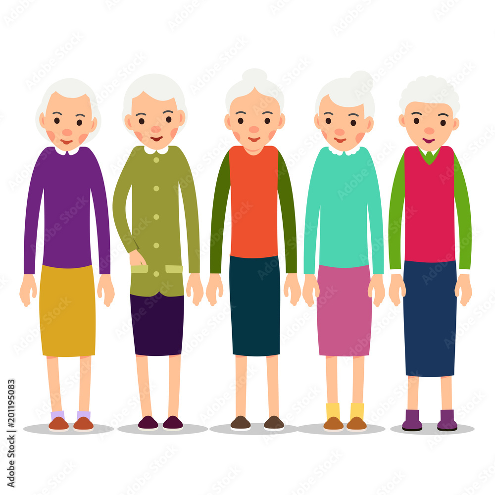 Older woman. Old woman character in various poses. Woman in a dress, blouse and skirt. Set cartoon illustration isolated on white background in flat style