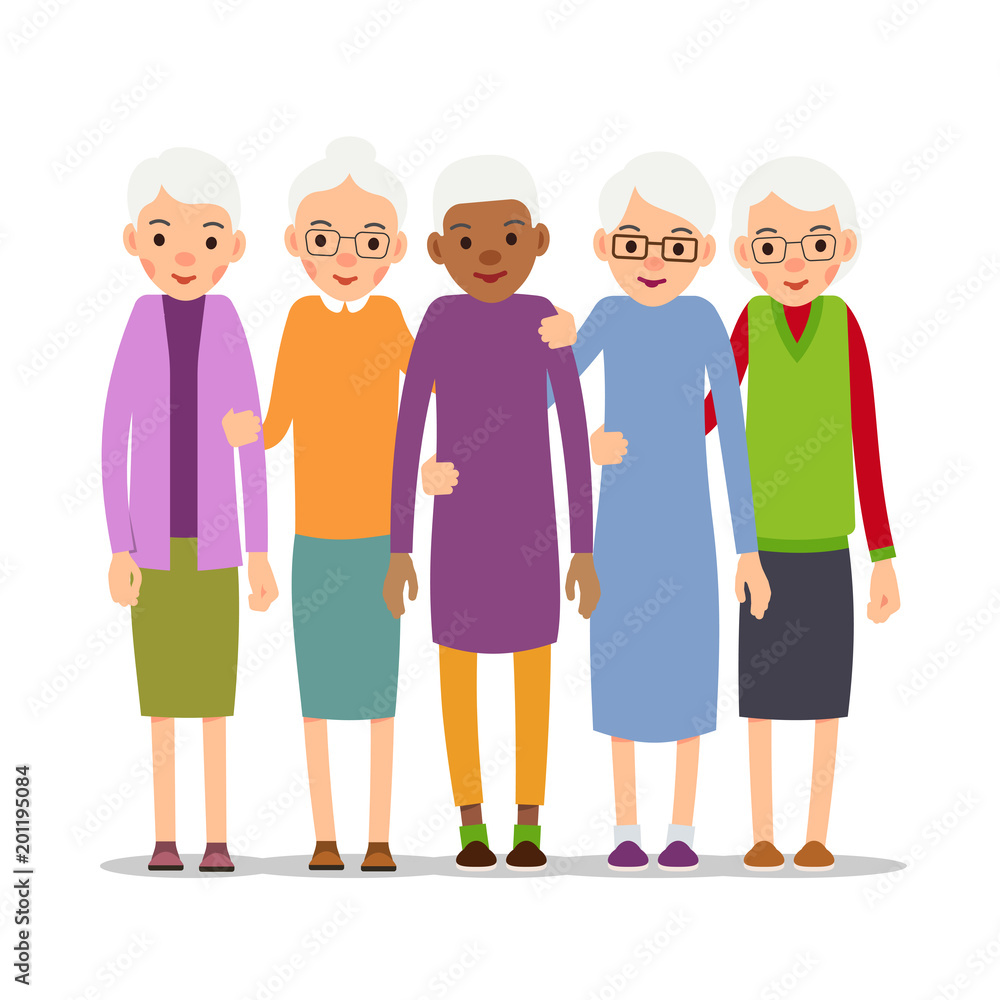 Older woman. Old woman character in various poses. Woman in a dress, blouse and skirt. Set cartoon illustration isolated on white background in flat style Older woman. Old woman character in various poses. Woman in a dress, blouse and skirt. Set cartoon illustration isolated on white background in flat style