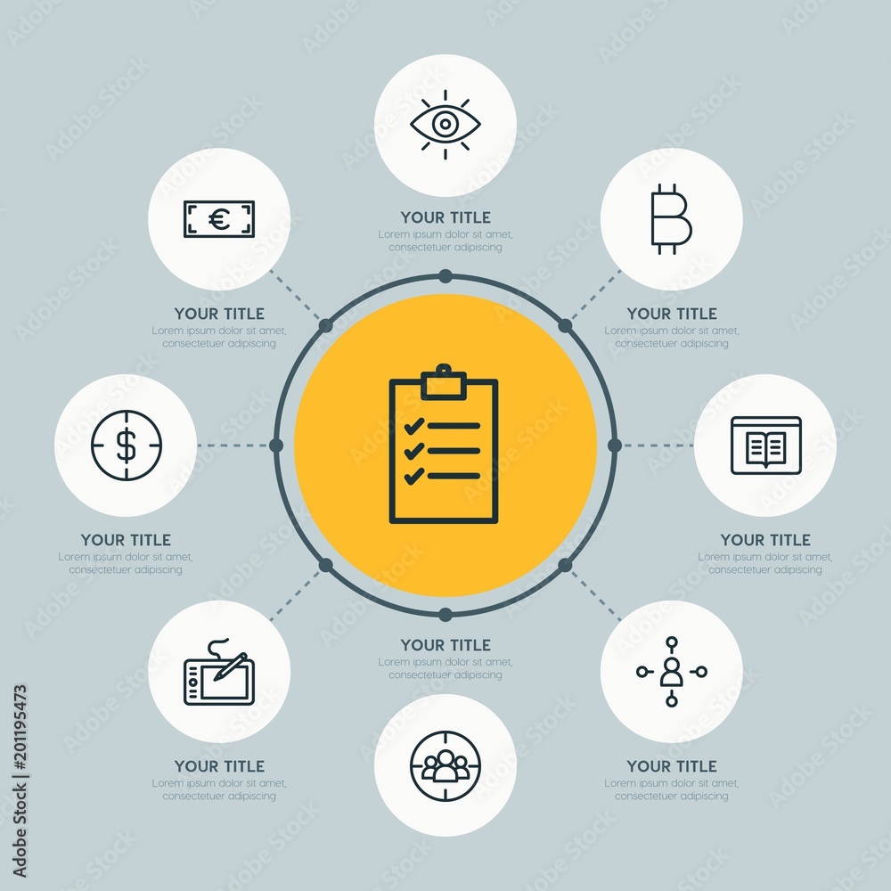Circle network chart business, money, education infographic template with 8 options for presentations, advertising, annual reports. Circle network chart business, money, education infographic template with 8 options for presentations, advertising, annual reports.
