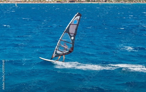 the windsurfer on the board under sail moves at a speed along the surface of the sea © Nemo67