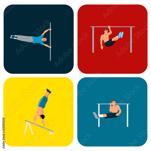 Horizontal bar chin-up strong athlete man gym exercise street workout tricks muscular fitness sport pulling up character vector illustration.