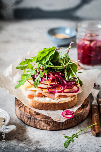 Ham and Pickeled Red Onion Open Sandwich photo