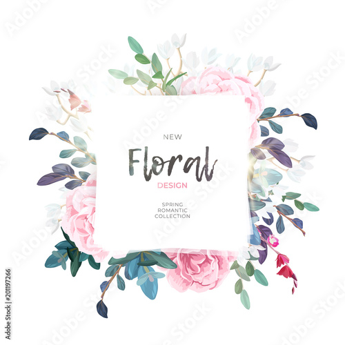 Vector square botanical frame with pale pink roses, green leaves and plants. Romantic floral design on white background.