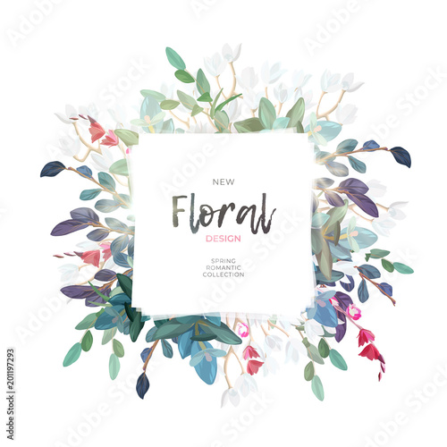 Vector square botanical frame with pale pink roses, green leaves and plants. Romantic floral design on white background.