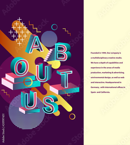 About us typography design. Web page. Company information. Abstract typography design with creative graphic elements. Vector