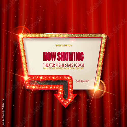 Shining arrow banner on stage curtain.
