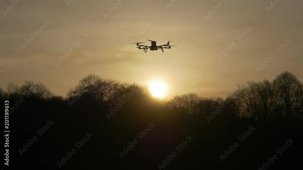 Dron at sunset in the rays of the setting sun Dron at sunset in the rays of the setting sun