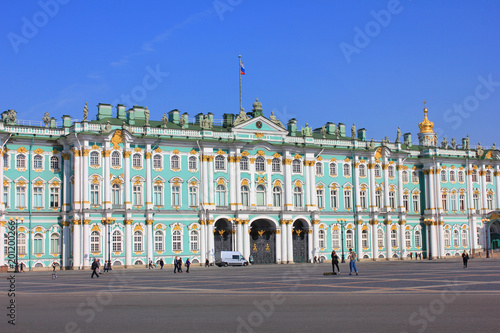 Winter Palace Building on Palace Square. Facade Building on Main City Square, Famous Saint Petersburg Tourist Attraction on Sunny Day View.