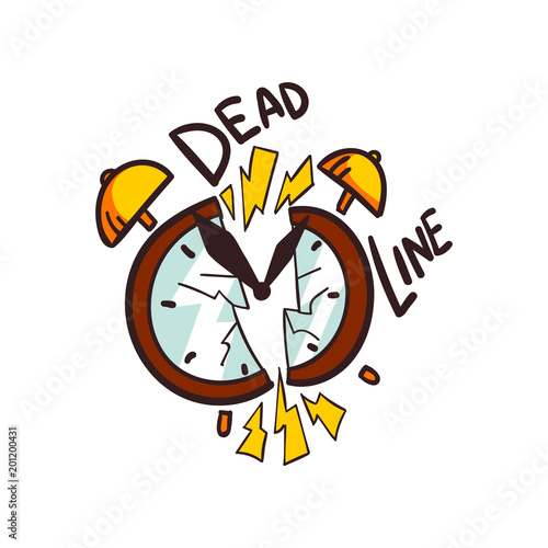 Broken alarm clock and Deadline word, vector Illustration on a white background