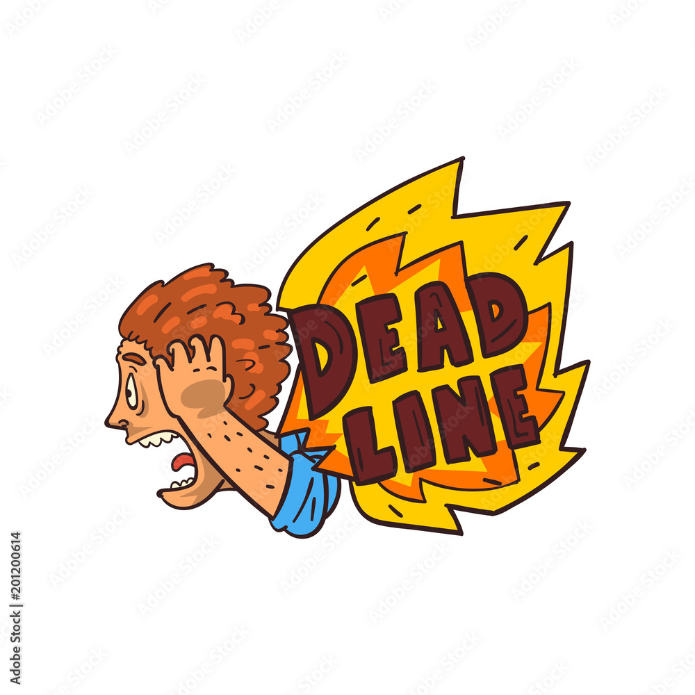 Frustrated man screaming, Deadline word in the fire, time limit, stress and burnout sign vector Illustration on a white background